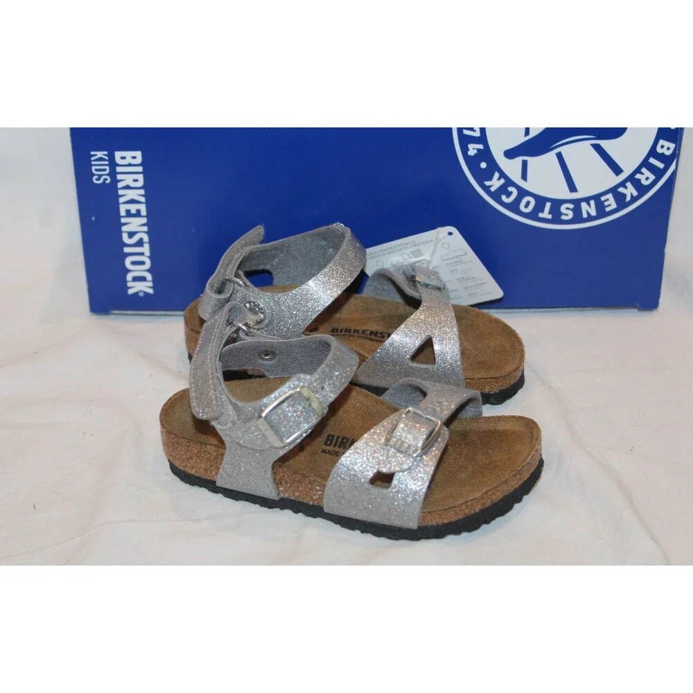 Birkenstock‎ Rio Silver Metallic Buckle Sandals Girl EU 27 US Toddler 9-9.5 NIB